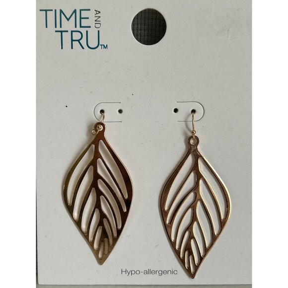 Time And Tru Hypoallergenic Gold Tone Leaf & Silver Tone Hoop Cutout Earrings - Picture 2 of 6